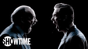 Chuck Rhoades on the left and Bobby Axelrod on the right, shouting towards each other against a black background.