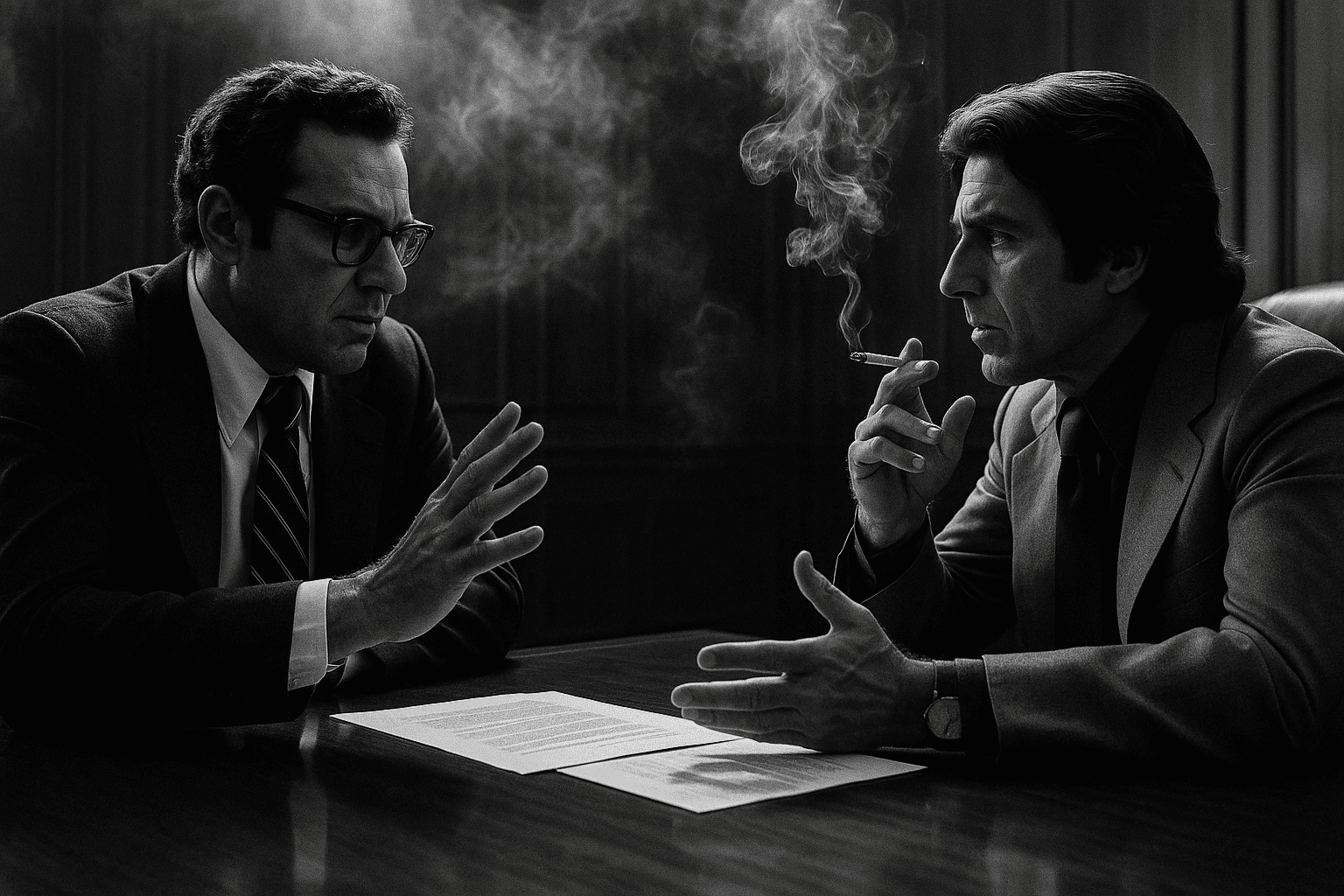 Two suited men talk across a table in a smoky black-and-white illustration.