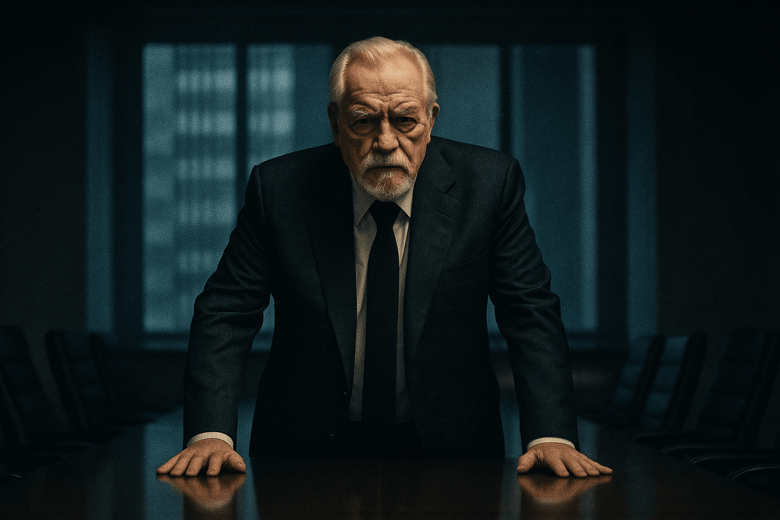 Logan Roy leans forward with both hands on a boardroom table.