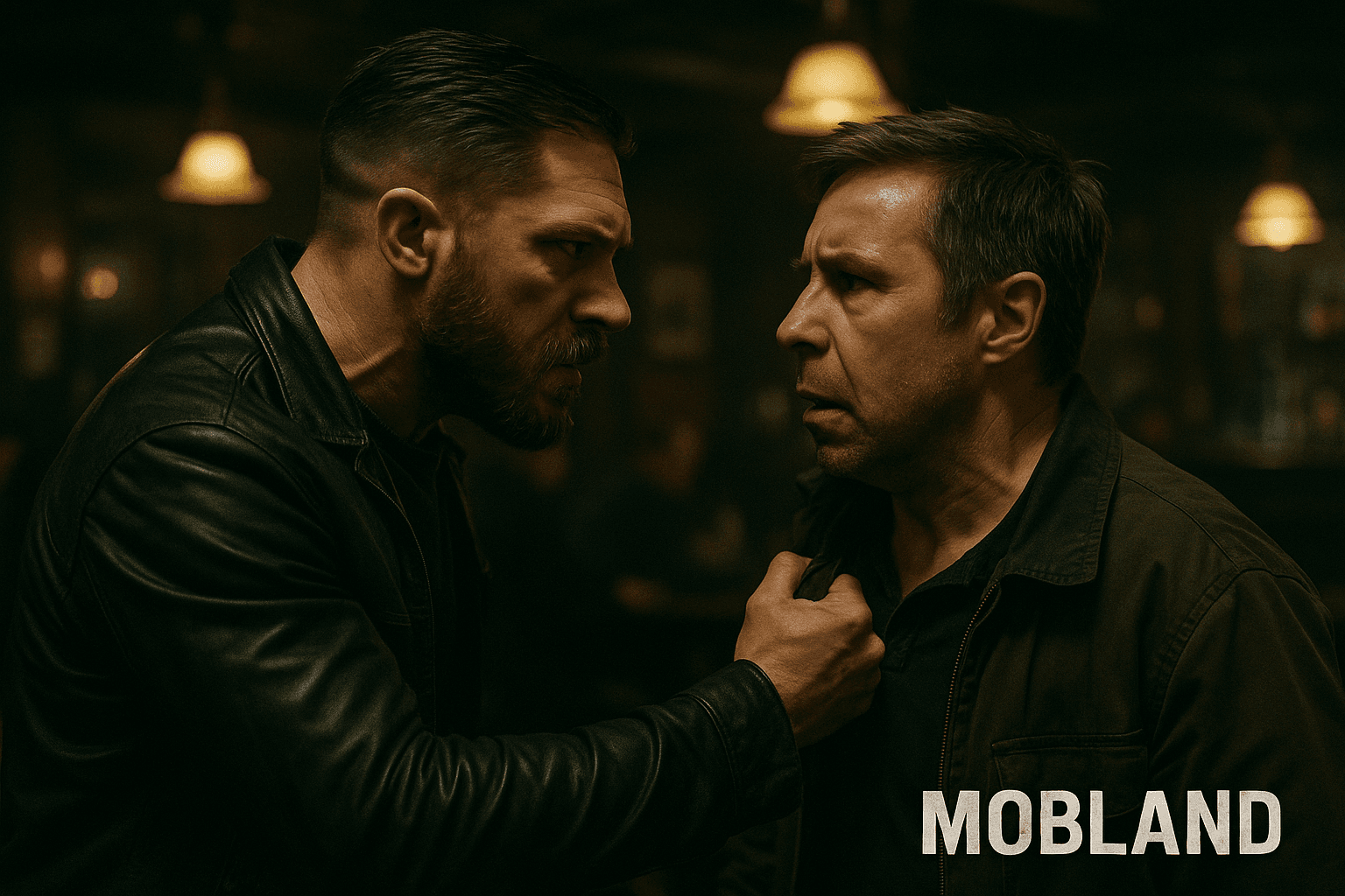 Two men facing each other in a dim pub, one gripping the other’s jacket, with "MOBLAND" at the lower right.