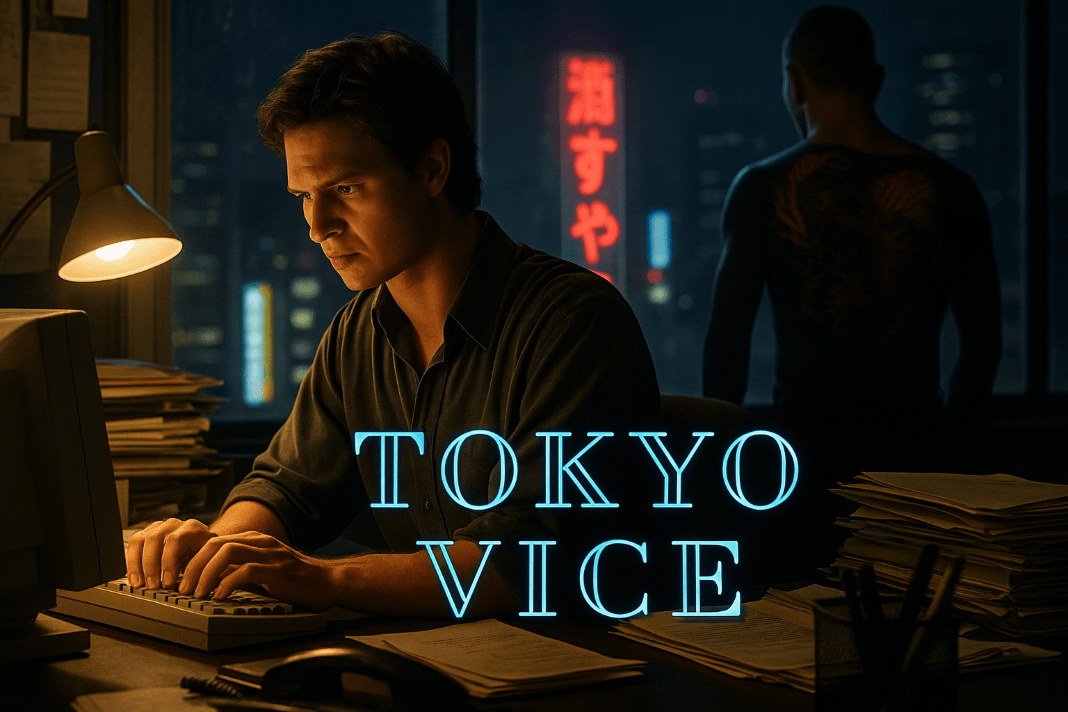 Jake Adelstein works at a desk under lamplight, with the Tokyo Vice title.