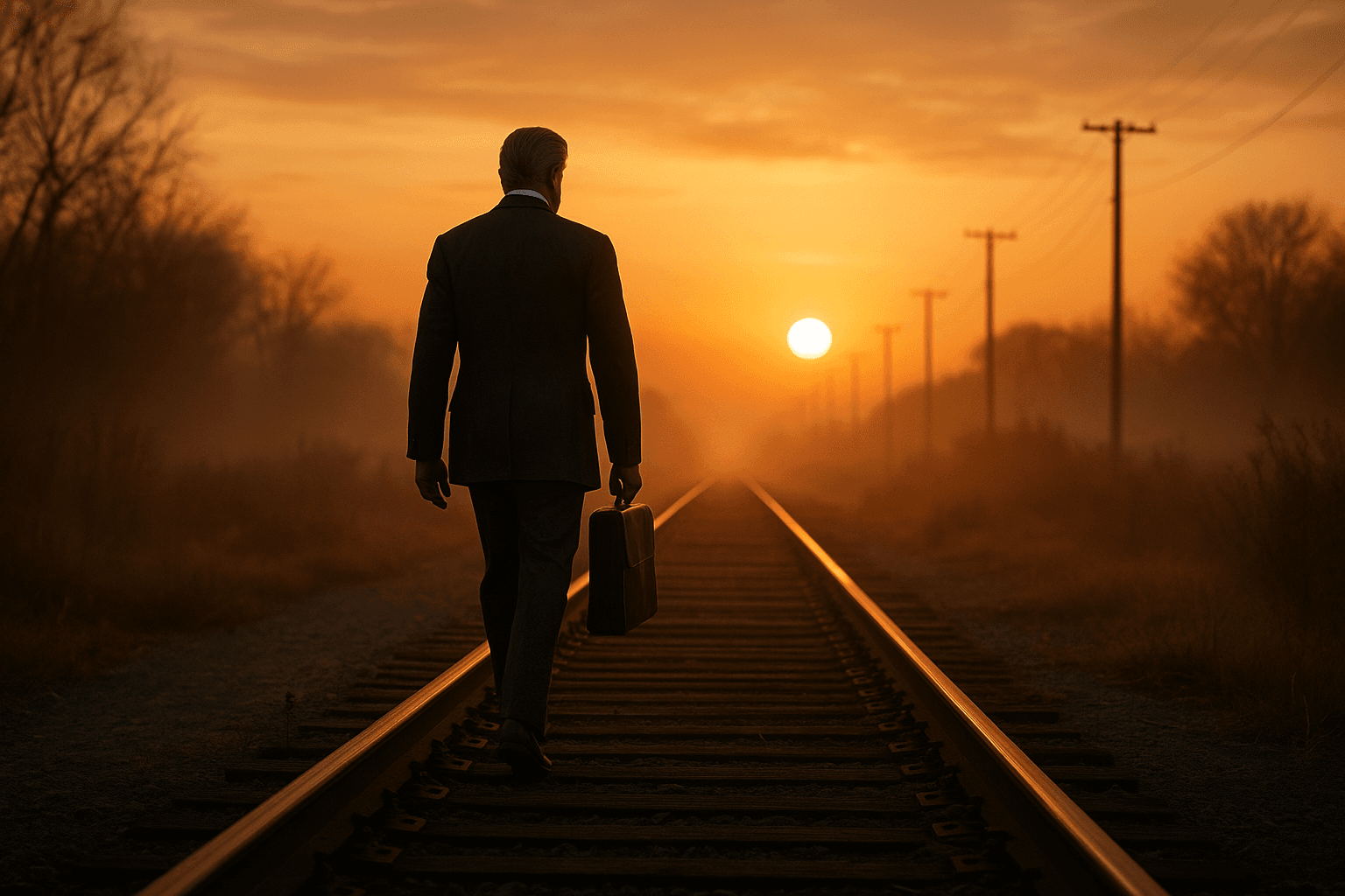A suited man carrying a bag walks along railway tracks towards the setting sun.