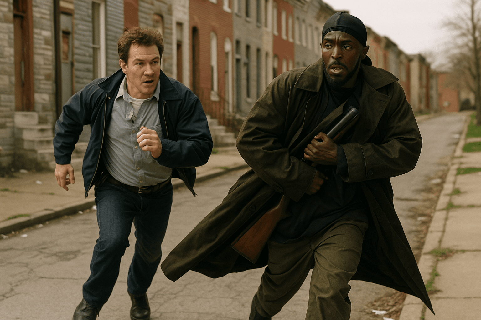 Jimmy McNulty and Omar Little run along a street lined with Baltimore row houses.