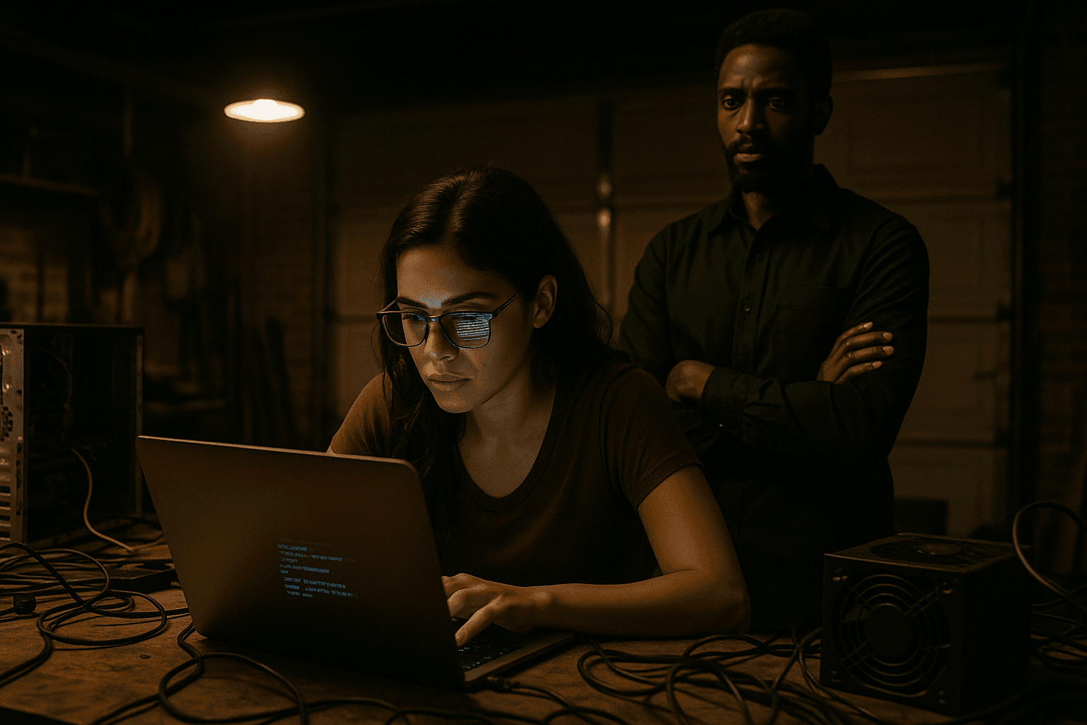 Izzy Morales (Otmara Marrero) coding on her laptop in a cluttered garage while Ronald Dacey (Edi Gathegi) stands guard behind her, highlighting StartUp's unlikely tech-crime collaboration.