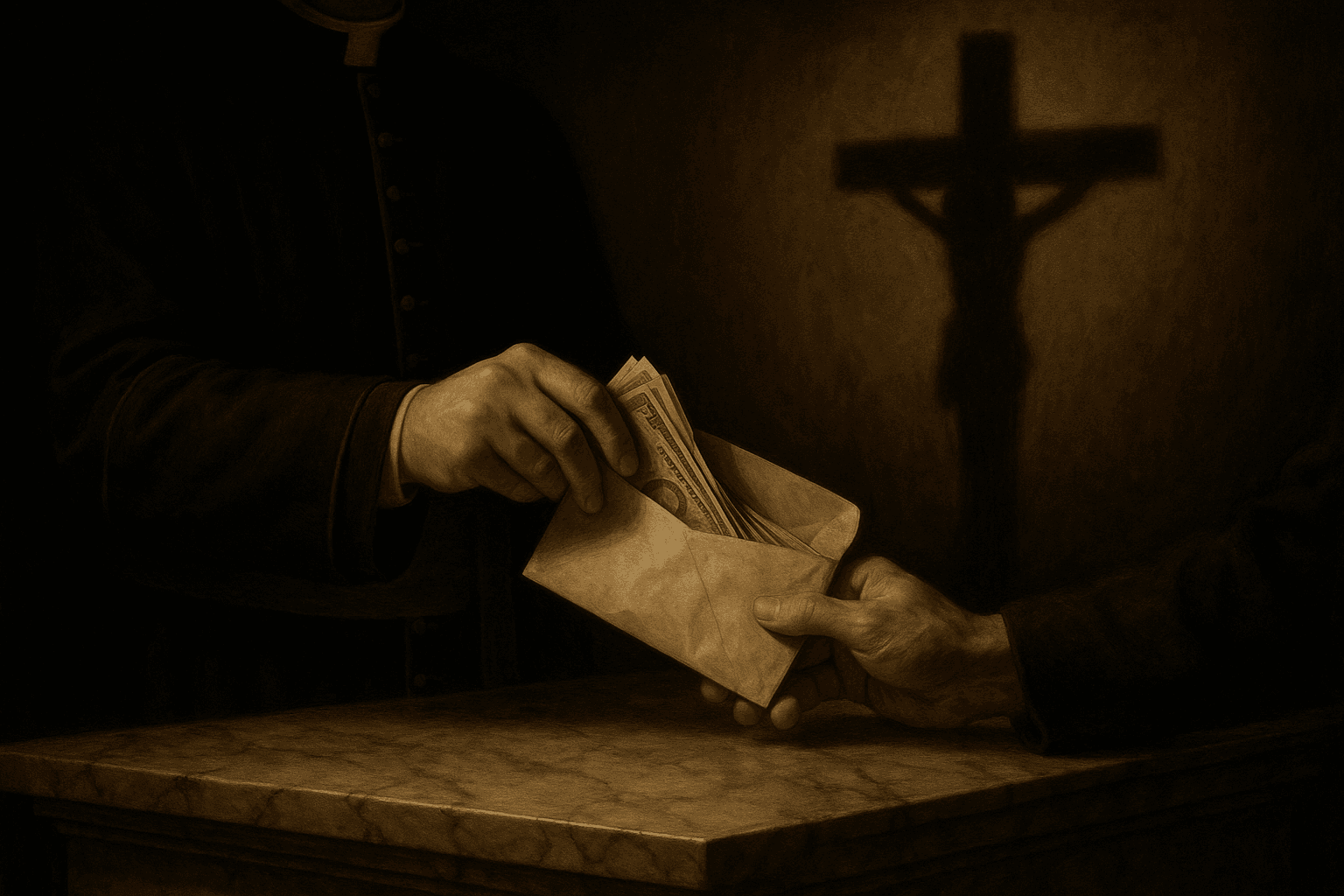 Hands exchange banknotes and an envelope beneath a cross on a dim wall.