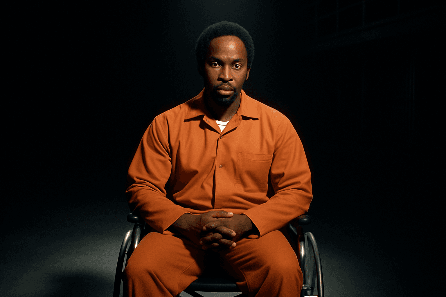 Augustus Hill in *Oz* sits in his wheelchair under a spotlight, looking into the camera as narrator – a stark, well-lit image underscoring the show's distinctive fourth-wall storytelling style.