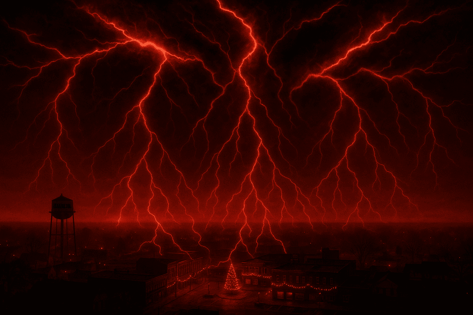 Red lightning branches across a dark sky above a lone figure and a water tower.