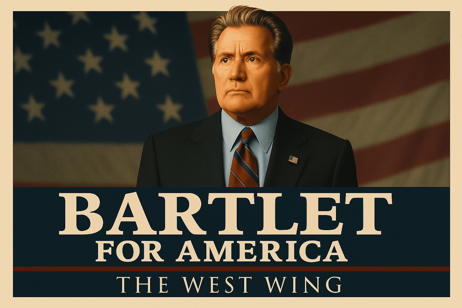 Illustrated portrait of President Josiah Bartlet in front of an American flag with the words Bartlet for America.