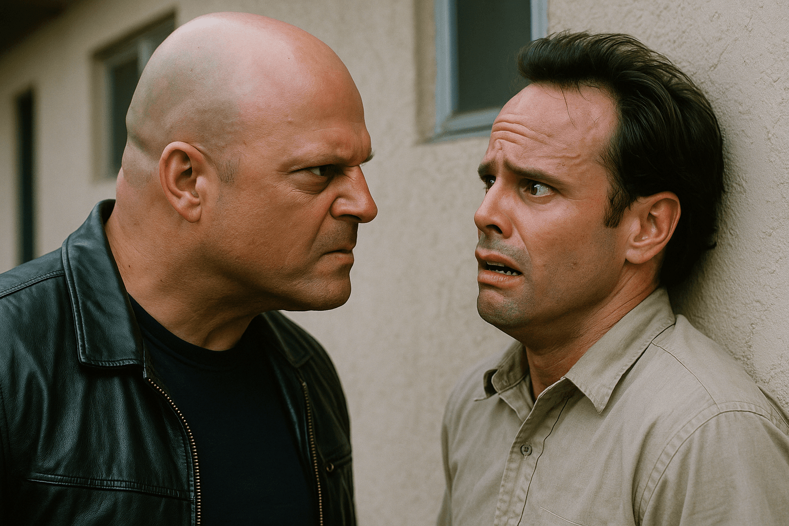 The Strike Team united in a moment of brotherhood - four police officers standing together in camaraderie - while a shadow and one member distant stance hint at underlying betrayal within the ranks.