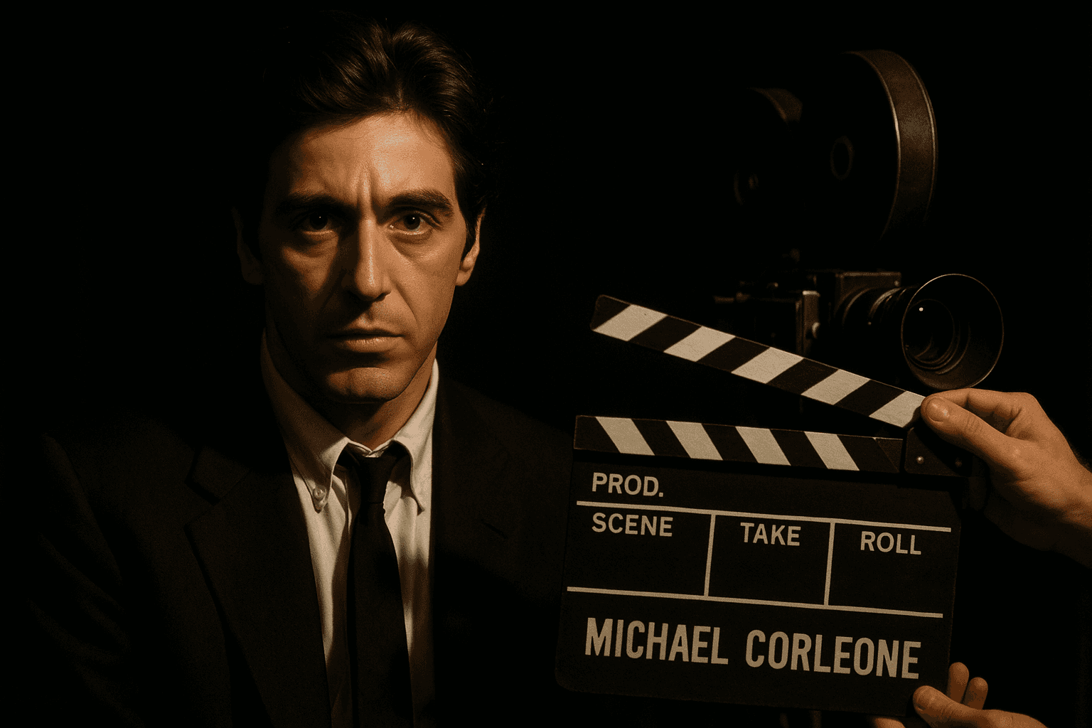A young man resembling Al Pacino stands beside a clapperboard labelled Michael Corleone.