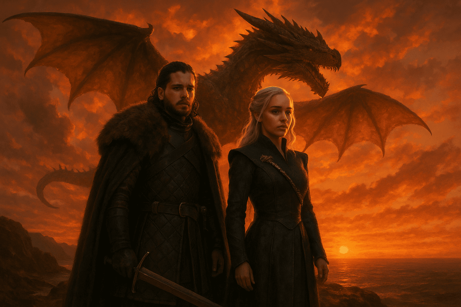 Jon Snow and Daenerys Targaryen stand together at sunset as a dragon soars behind them.