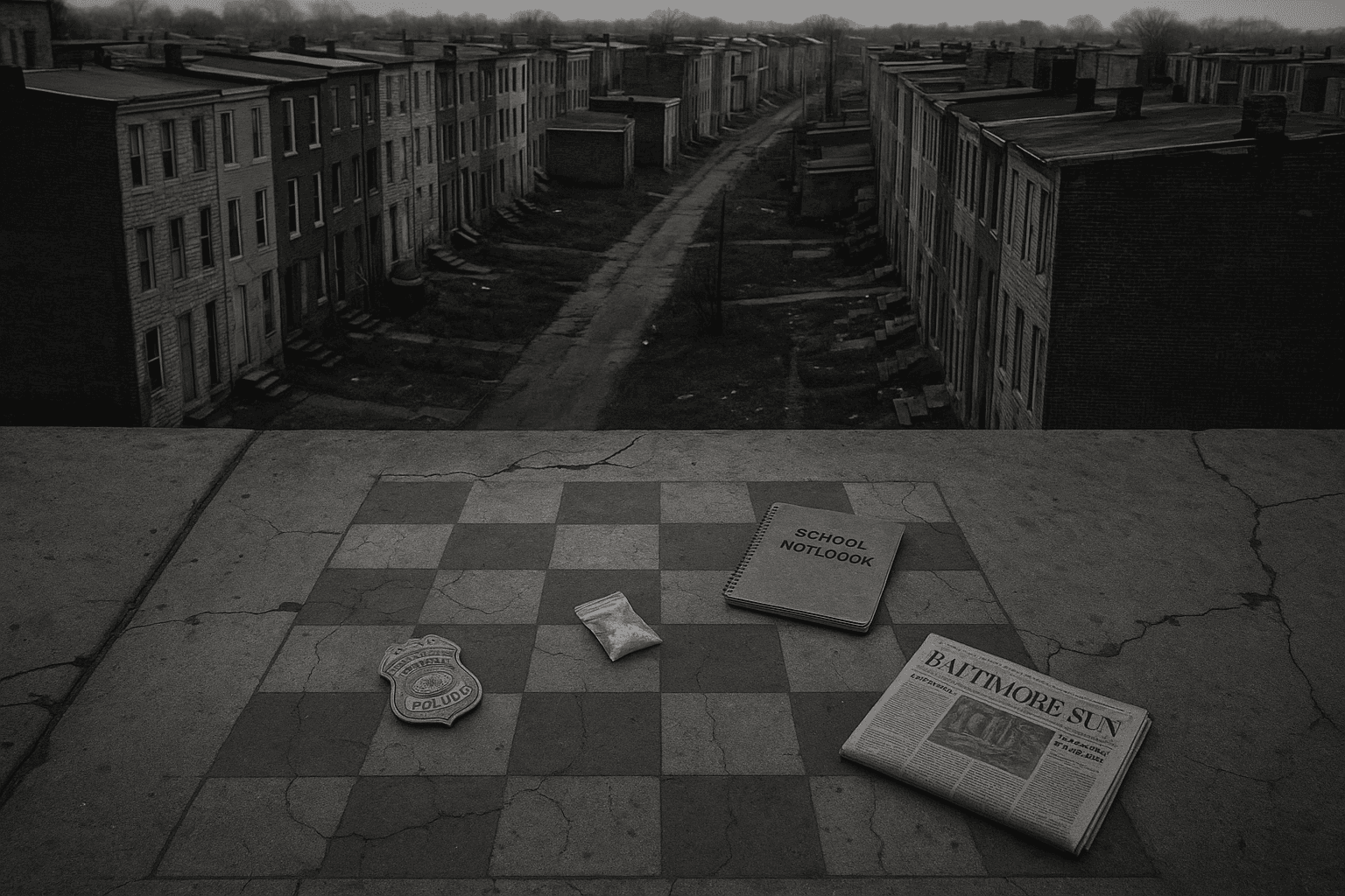 A monochrome Baltimore street is paired with a worn chessboard and folded papers.