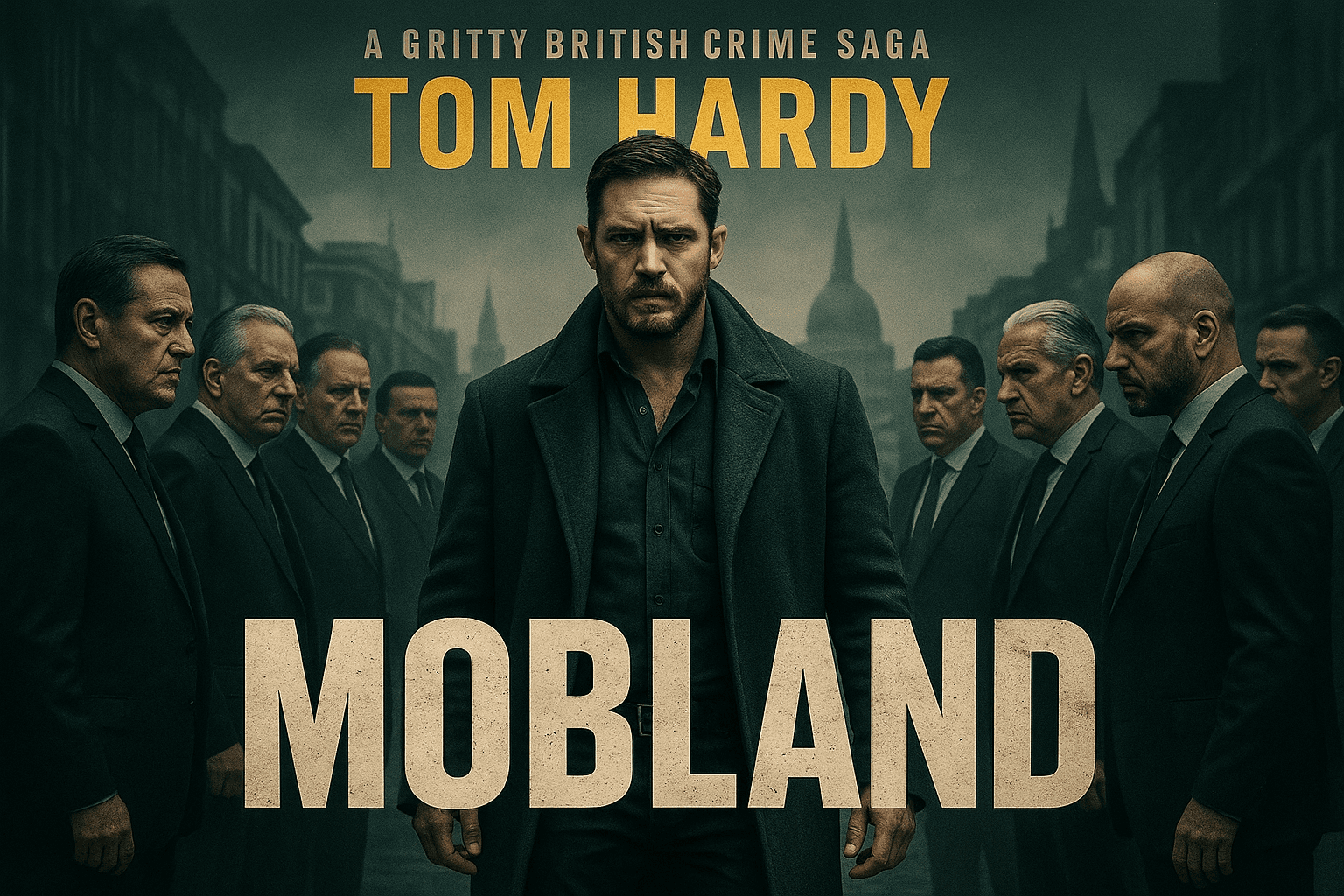Official MobLand promotional image featuring Tom Hardy flanked by rival gangsters on London streets