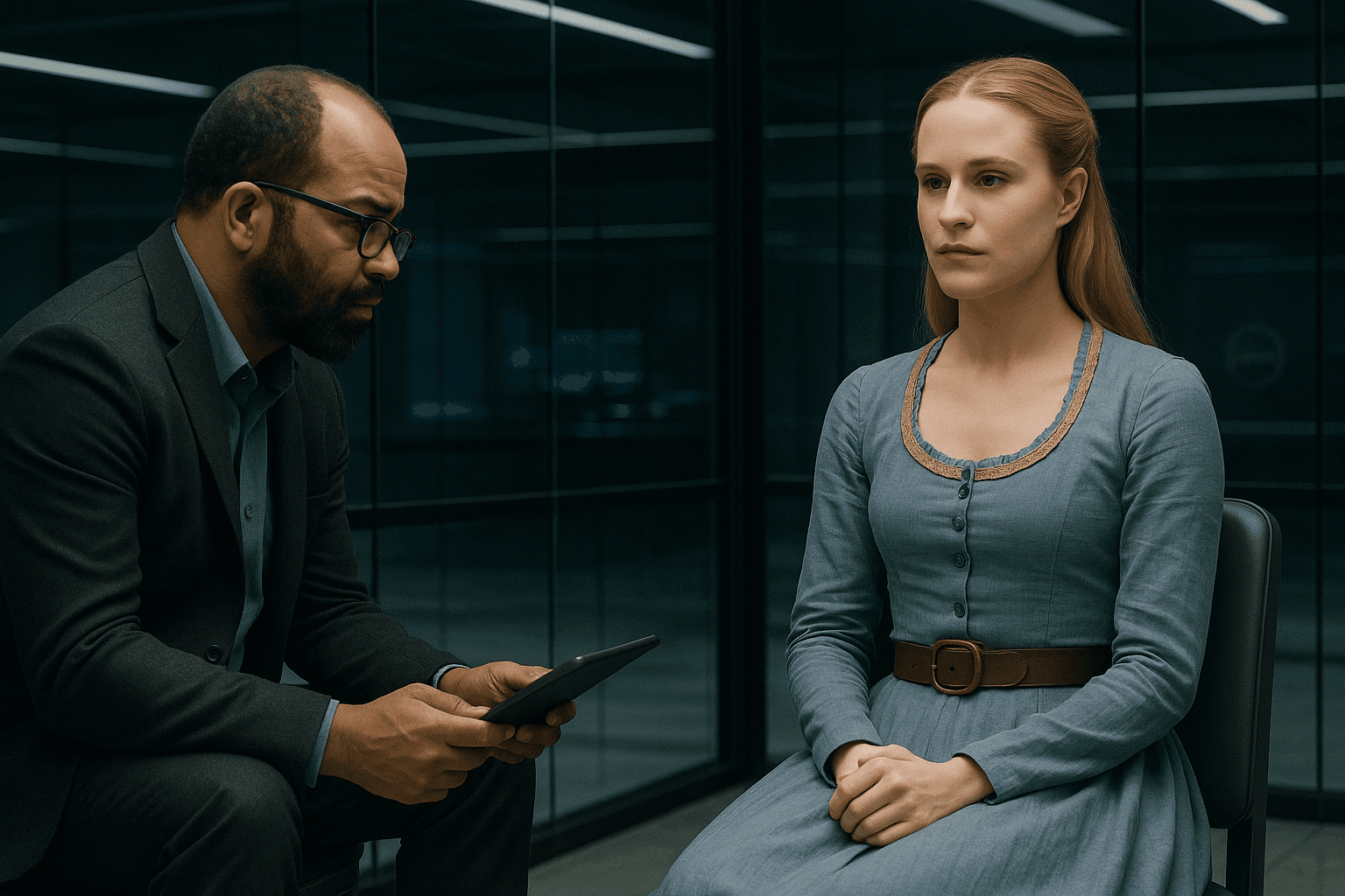 Bernard holds a tablet while Dolores sits opposite him in a glass-walled room.