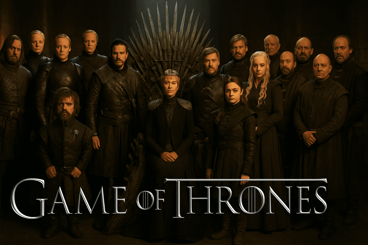 Official Game of Thrones promotional image featuring the main cast and the Iron Throne.