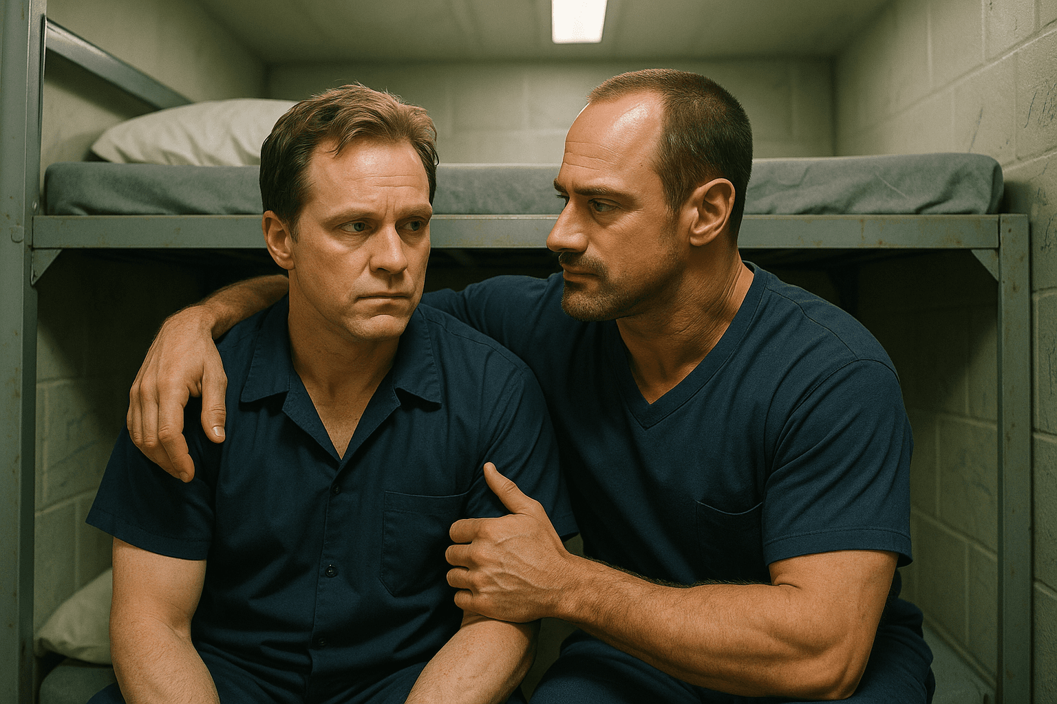 Tobias Beecher and Chris Keller share a tense, intimate moment on a prison bunk in *Oz*, conveying the complex bond and psychological tension between them.