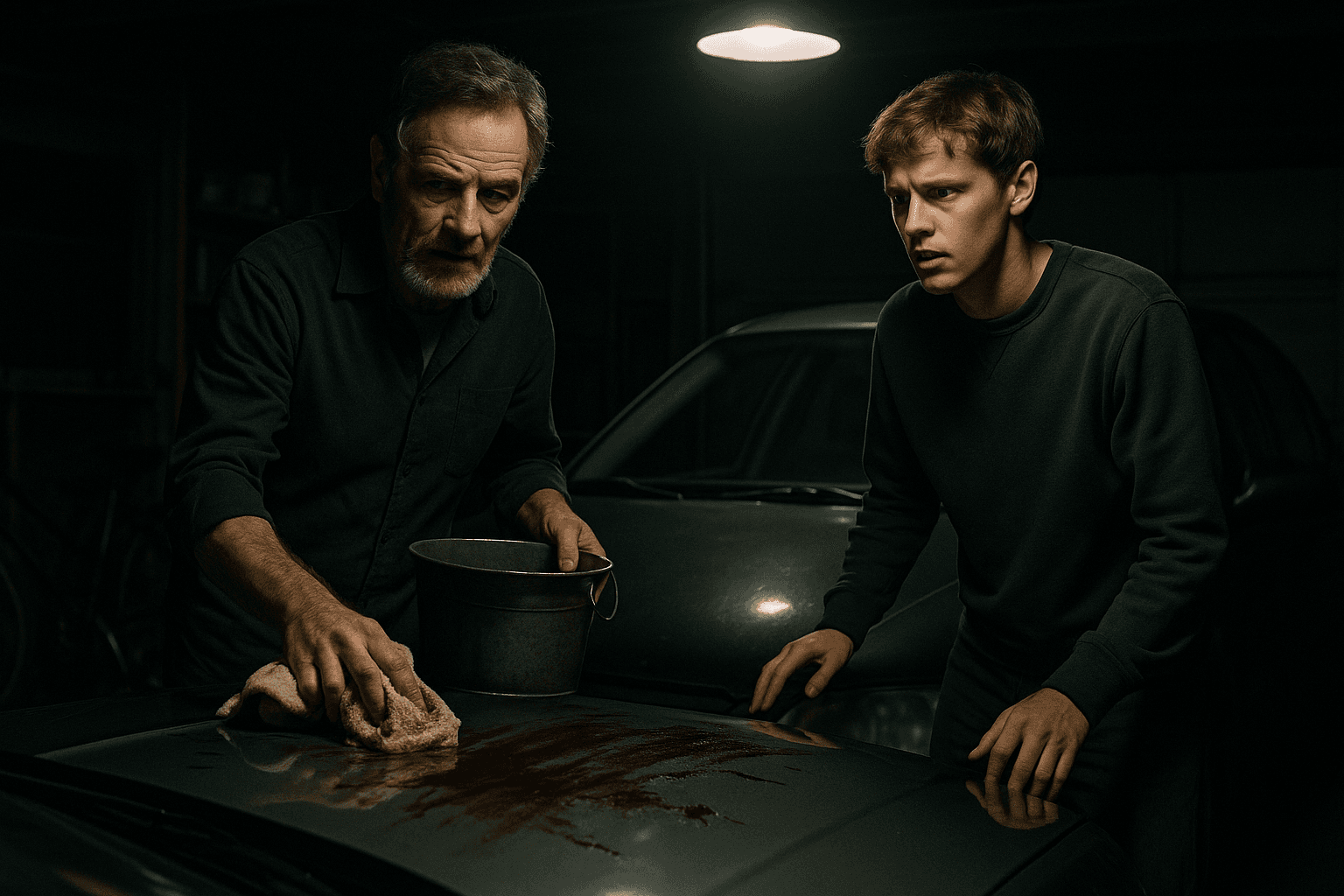 Michael Desiato (Bryan Cranston) and his son Adam (Hunter Doohan) nervously clean a blood-stained car in a dark garage, highlighting the tense father-son cover-up at the heart of Your Honor.