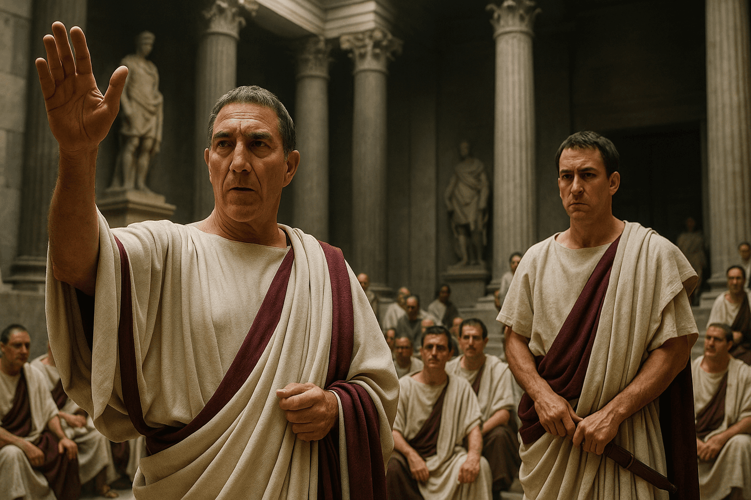 Caesar raises a hand before a gathering of Romans in white robes.