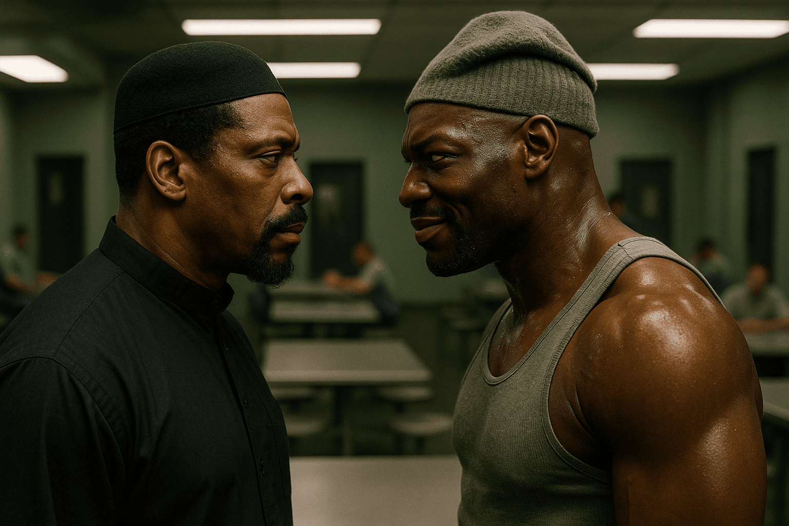 Kareem Saïd and Simon Adebisi face off in *Oz*'s prison cafeteria, two powerful figures in a tense standoff symbolizing the battle of principles versus chaos.