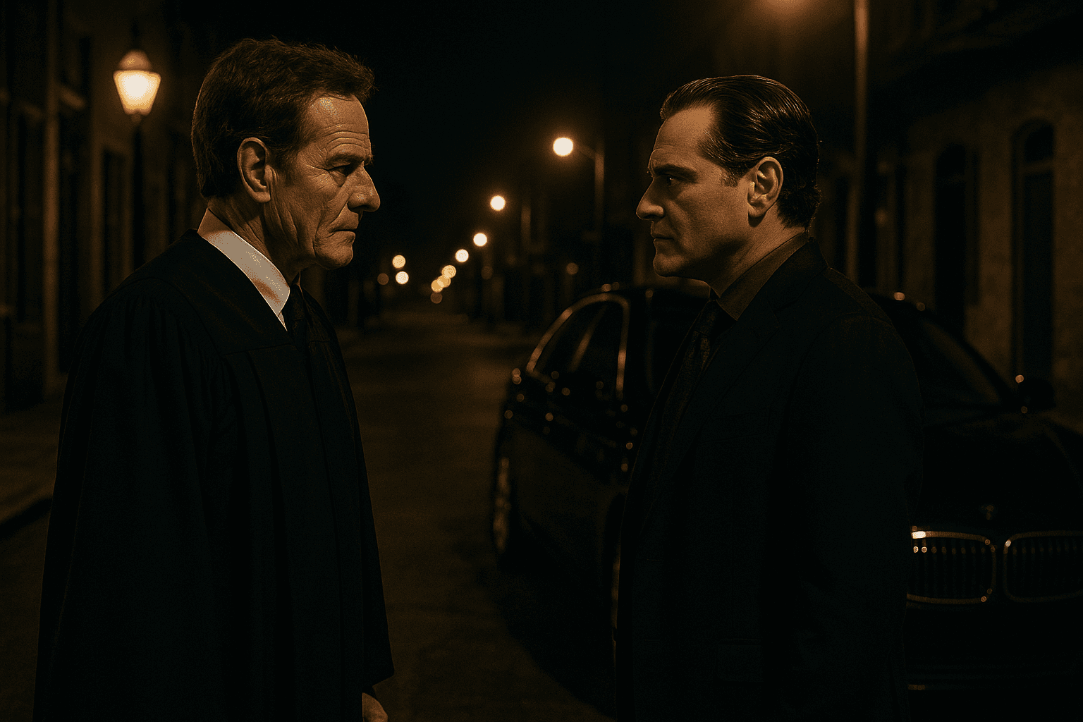 Judge Michael Desiato (Bryan Cranston) and crime boss Jimmy Baxter (Michael Stuhlbarg) face off under a dim New Orleans streetlight, capturing the high-tension confrontation central to Your Honor.