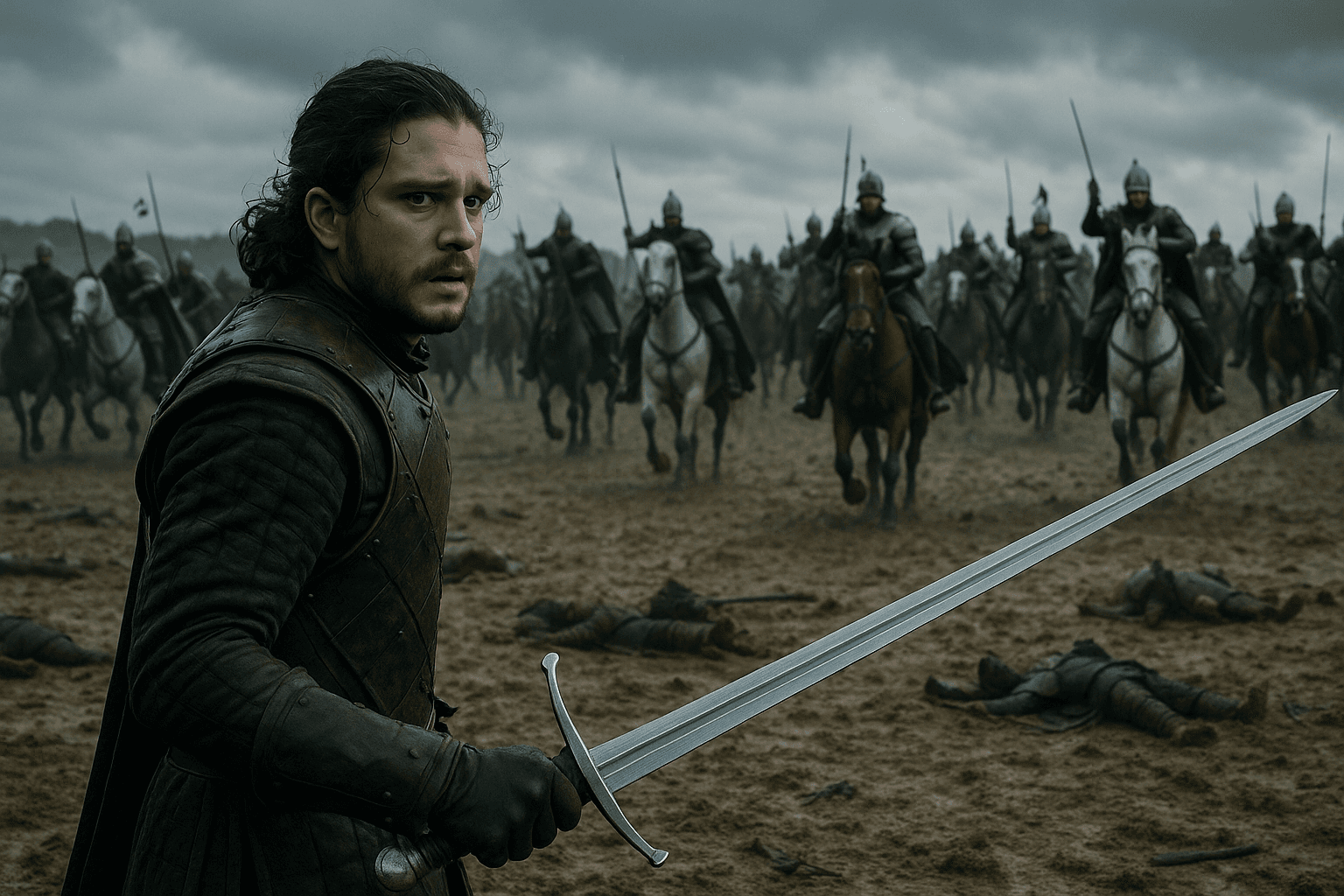 Jon Snow holds a sword on a muddy field with mounted soldiers behind him.