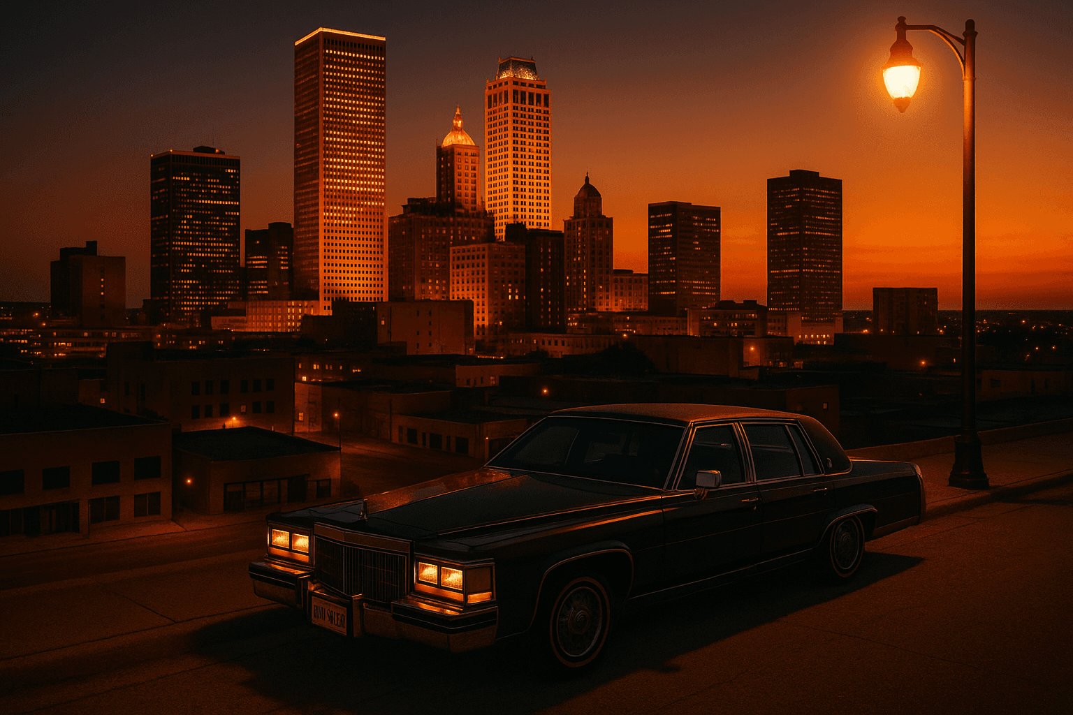 A dark saloon car sits in front of Tulsa's skyline at sunset.