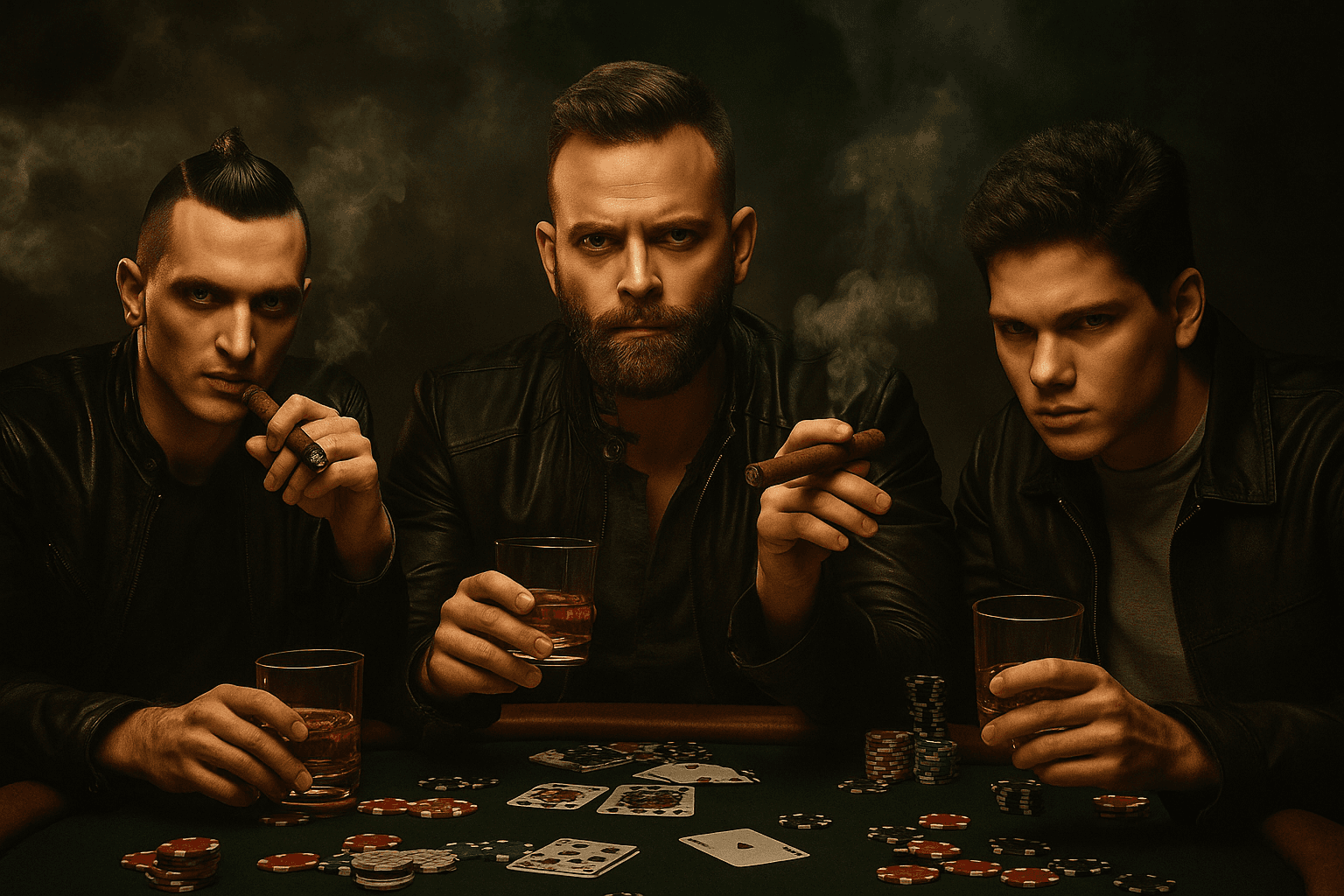 Aureliano, Spadino and Lele sit around a table with cards, drinks and cigarettes.