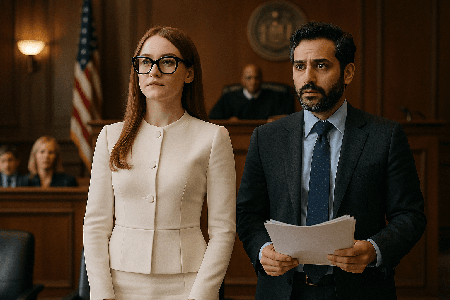 Anna Delvey (Julia Garner) stands in court in a stylish white outfit and black glasses beside her lawyer Todd Spodek (Arian Moayed), highlighting the courtroom drama and her confident demeanor.