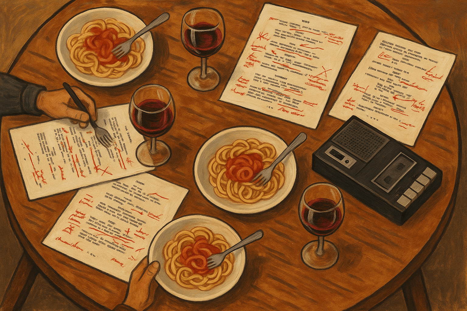 Plates of pasta, wine glasses, handwritten pages and a tape recorder cover a table.
