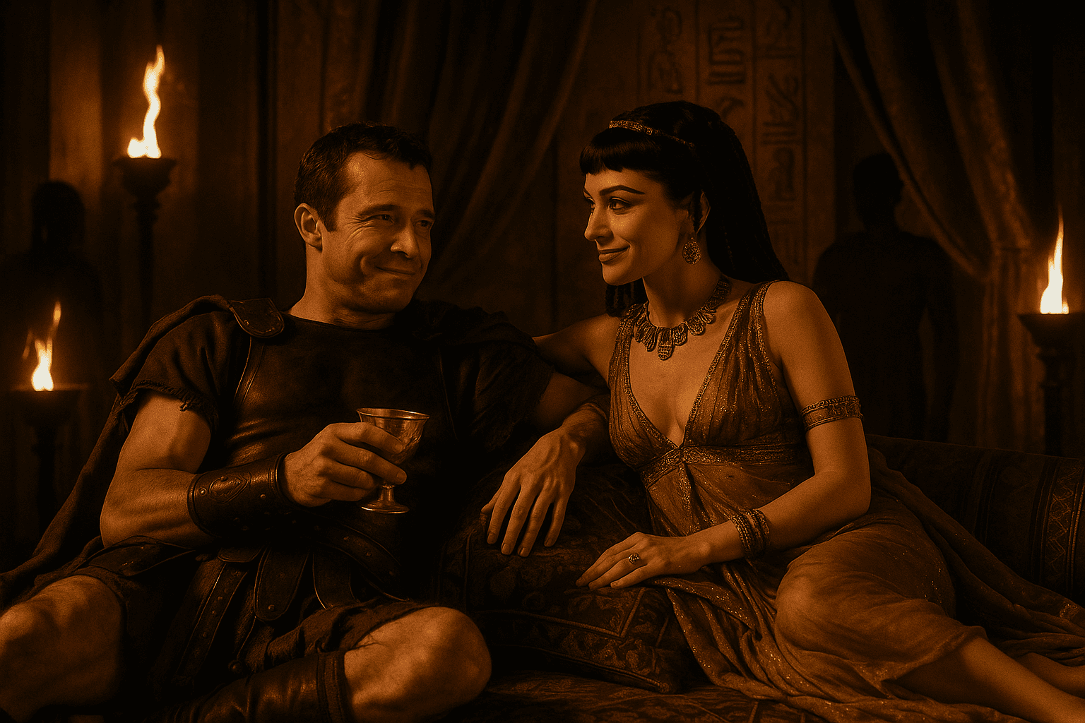 Mark Antony and Cleopatra sit close together on a luxurious throne in an Egyptian palace, exchanging confident smiles amid lavish golden decor, symbolizing their powerful alliance.