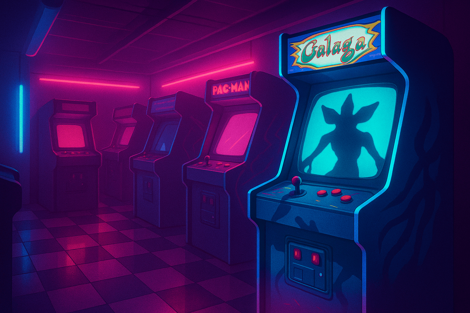 Neon-lit arcade cabinets stand in a dark room, with a creature silhouette on one screen.
