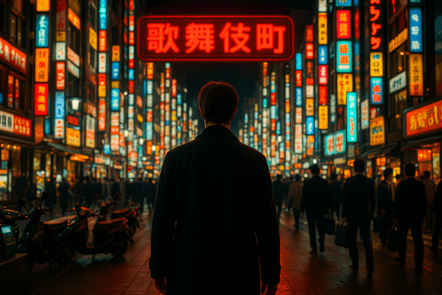 A lone figure looks down a busy street filled with illuminated signs.