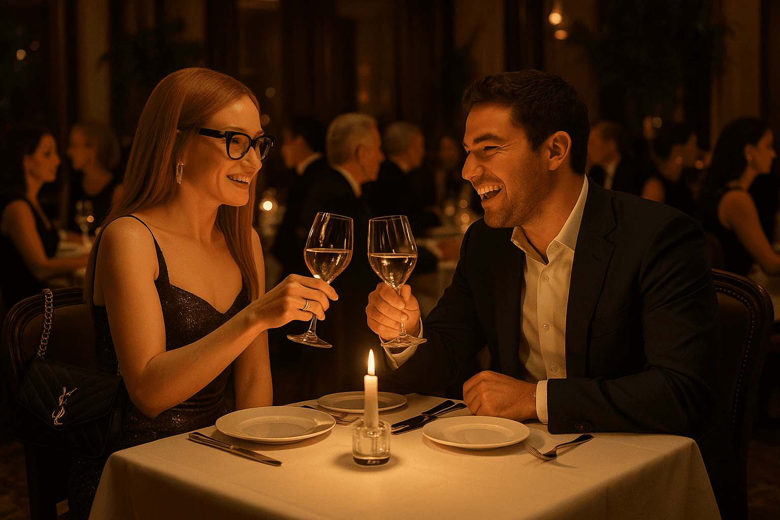 Anna Delvey (Julia Garner) enjoying a lavish dinner and toasting with Billy McFarland (Ben Rappaport) in a high-end restaurant, highlighting her mingling with fellow famous fraudsters.