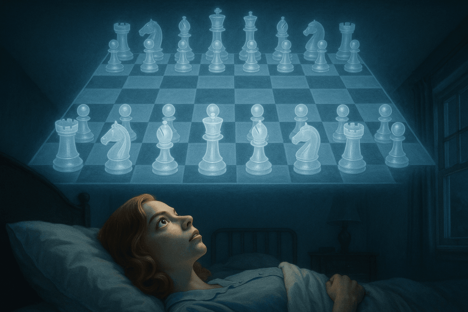 Beth Harmon (Anya Taylor-Joy) lies in bed at night, staring at an imaginary chessboard with pieces illuminated on the ceiling above her β an iconic visualization of her strategic mind from The Queen''s Gambit.