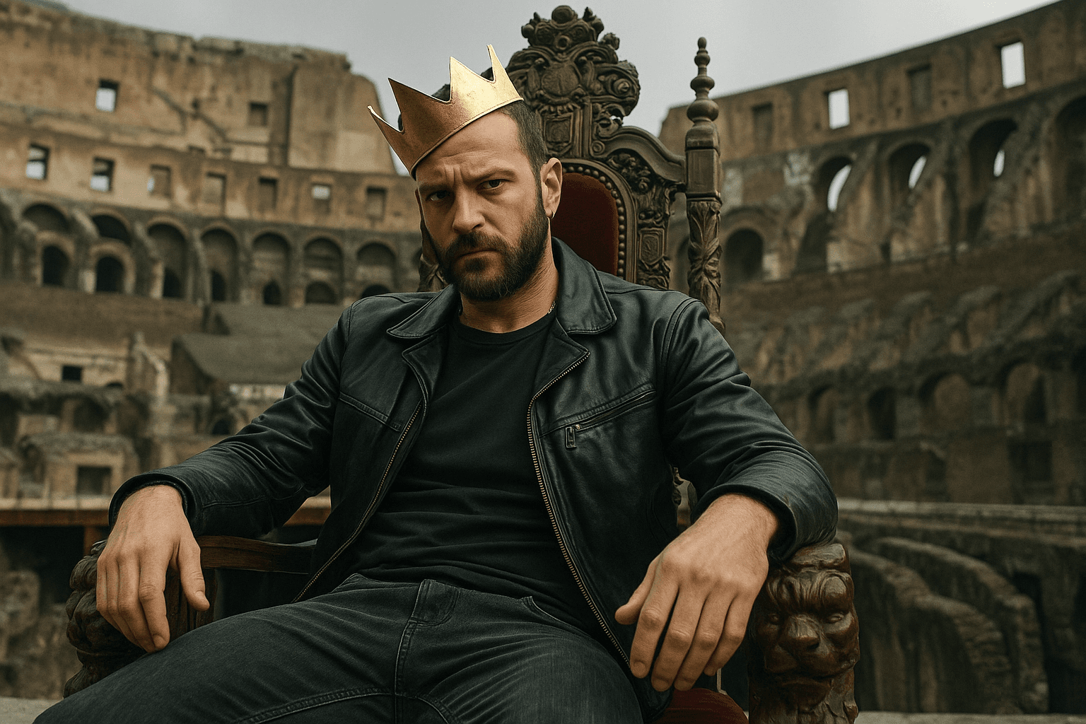 Aureliano sits in a chair wearing a paper crown inside the Colosseum.
