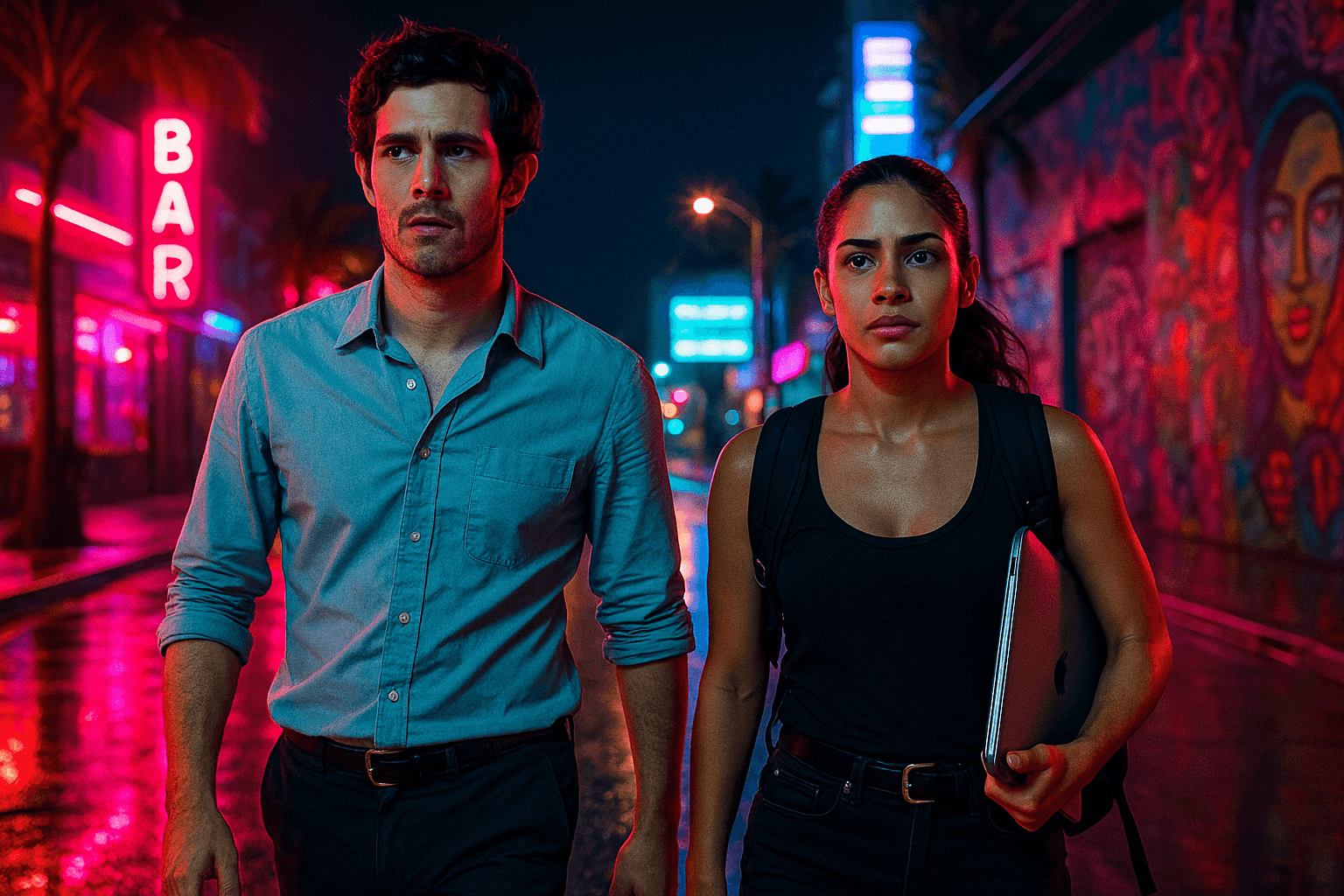 Nick Talman (Adam Brody) and Izzy Morales (Otmara Marrero) walk under Miami's neon night lights, highlighting StartUp's stylish blend of tech startup glamour and gritty street energy.