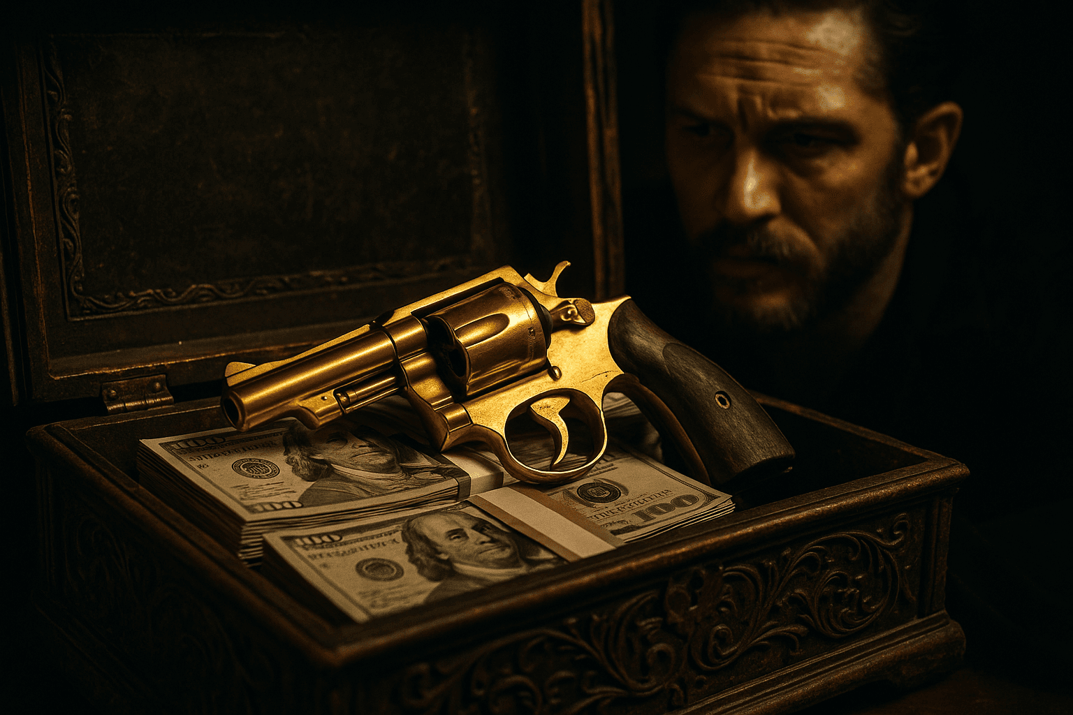 Aureliano looks towards an open box containing banknotes and a gold-coloured revolver.