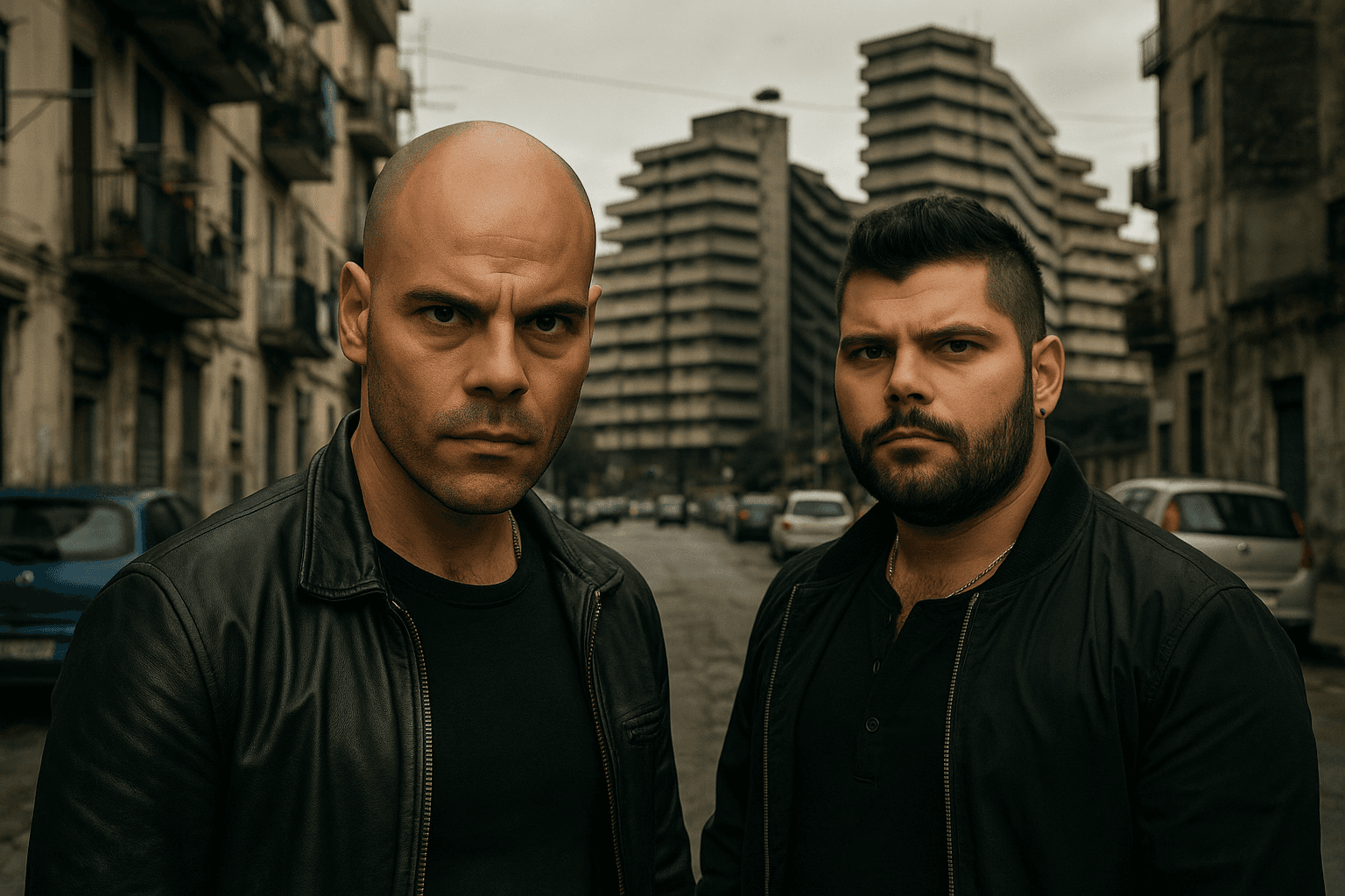 Ciro and Genny stand among apartment buildings in Gomorrah artwork.