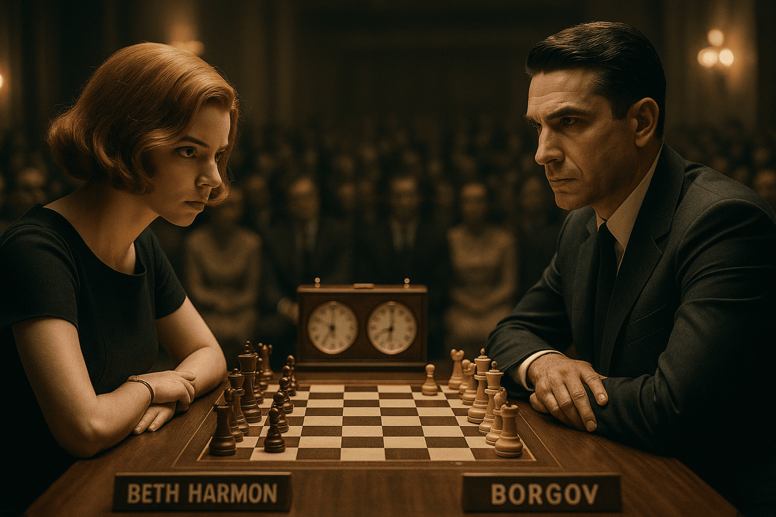 Beth Harmon (Anya Taylor-Joy) confronts world champion Vasily Borgov (Marcin DorociΕski) over a chessboard in a packed 1960s tournament hall, an intense championship match moment from The Queen''s Gambit.
