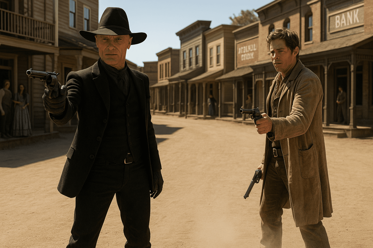 The Man in Black holds a revolver on a Western street while Lawrence stands nearby.