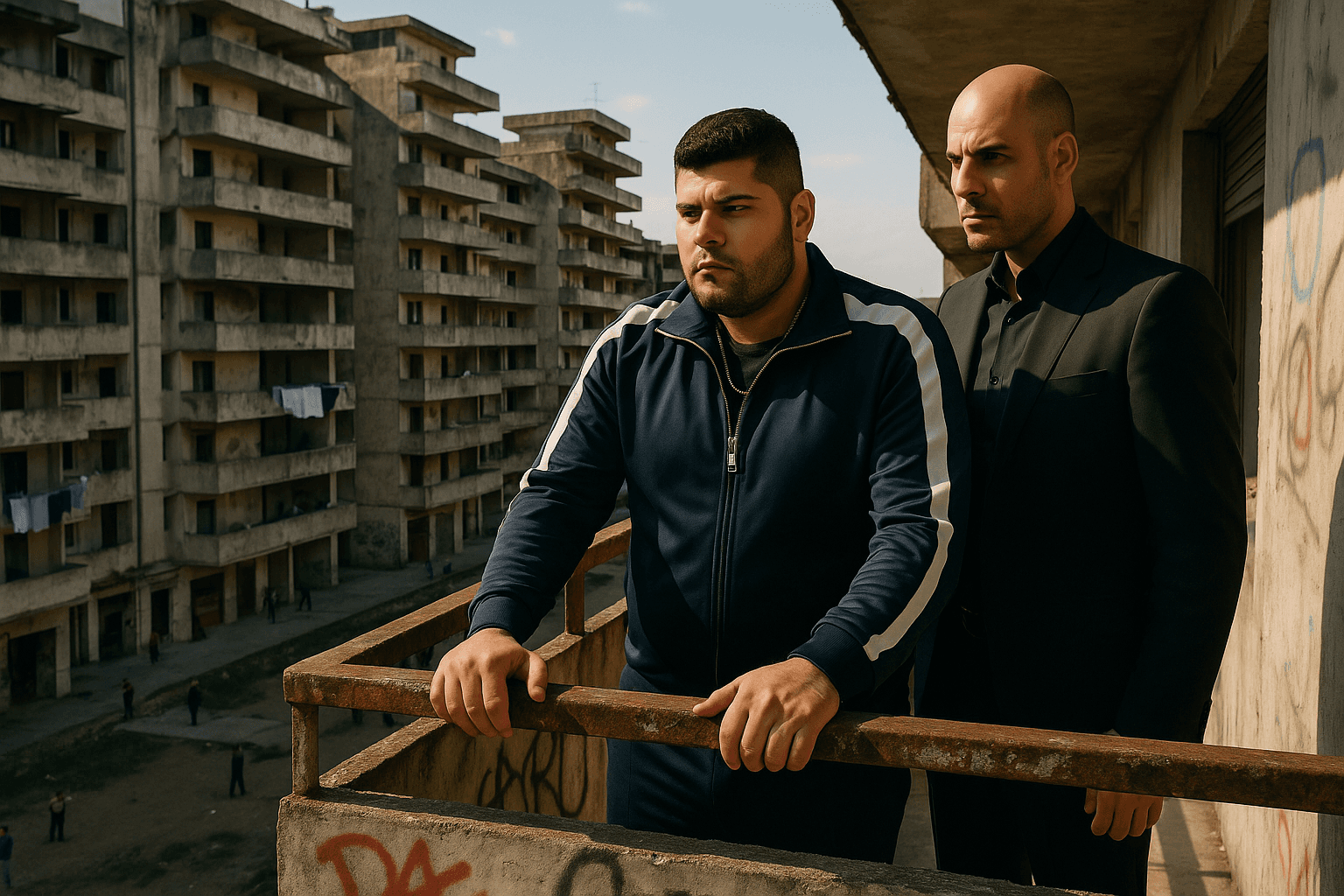Genny and Ciro lean on a balcony railing overlooking apartment blocks.