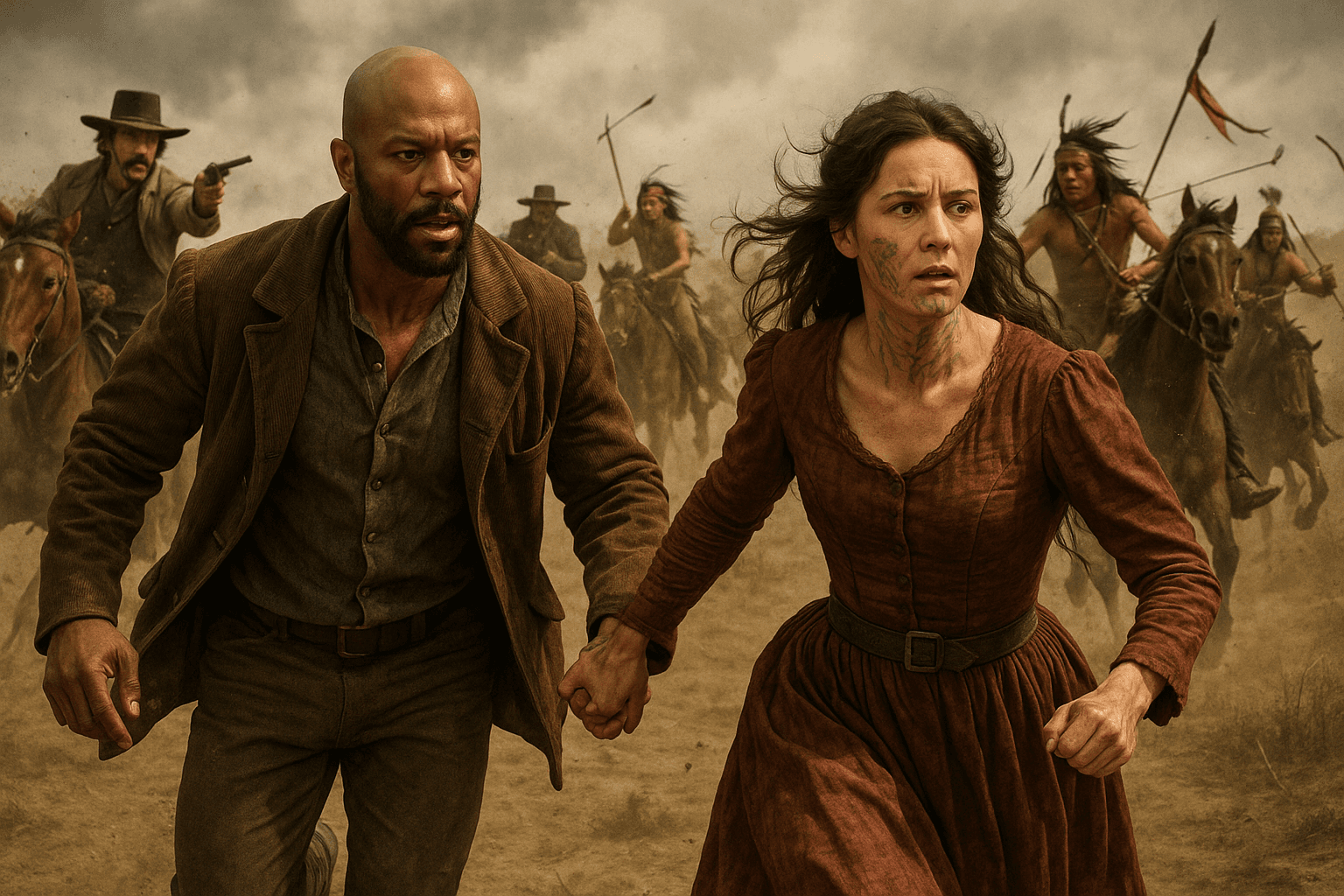 Elam Ferguson running hand in hand with a woman in a burgundy dress, with mounted riders behind them on open ground.