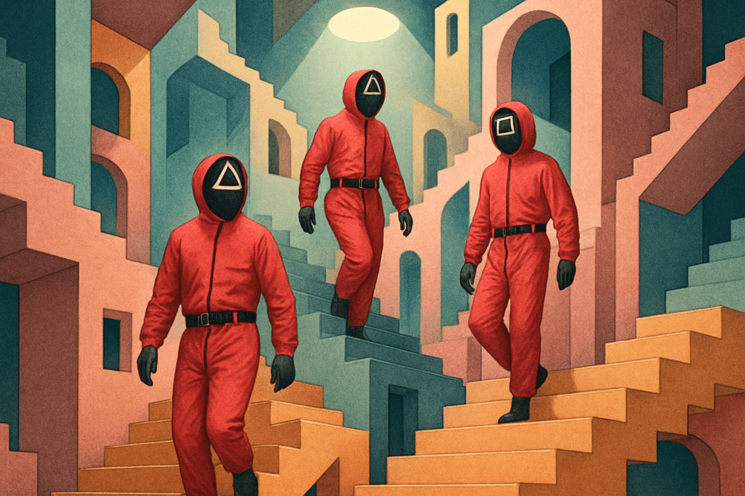 Three masked guards in pink uniforms walk among pastel staircases.