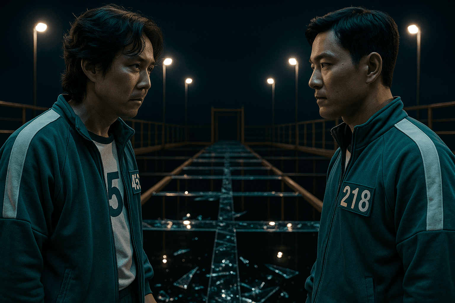 Gi-hun and Sang-woo face one another in green tracksuits in a dark, illuminated arena.