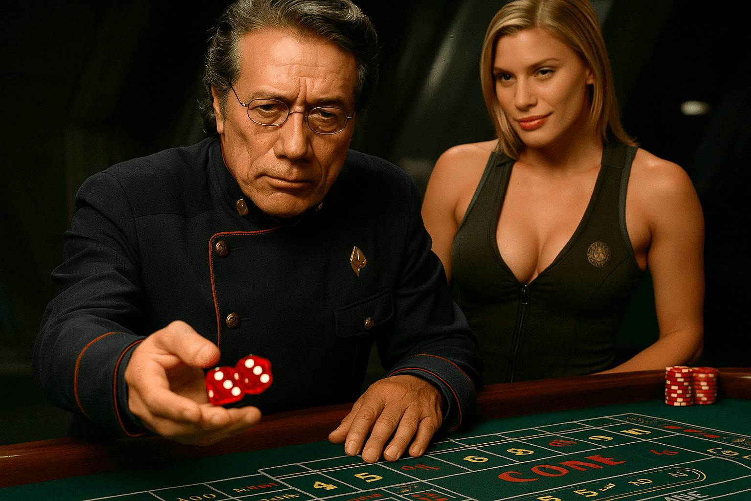 Illustration of Commander Adama throwing red dice over a gaming table, with Starbuck behind him.