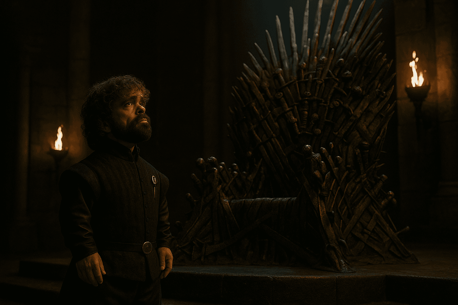 Tyrion Lannister stands near the Iron Throne in a candlelit hall.