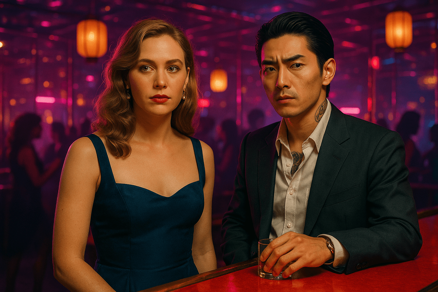 Samantha and Sato sit at a red table in a softly lit club.