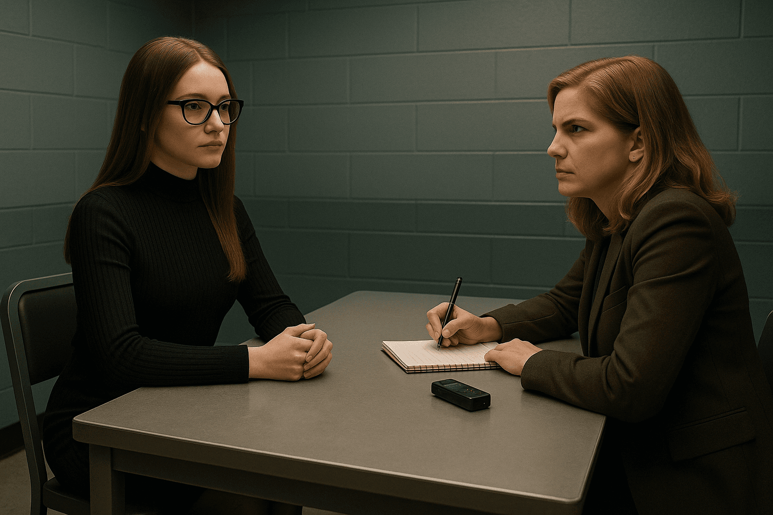 Anna Delvey (Julia Garner) and journalist Vivian Kent (Anna Chlumsky) sit across from each other in an interview room, both appearing tense and focused.