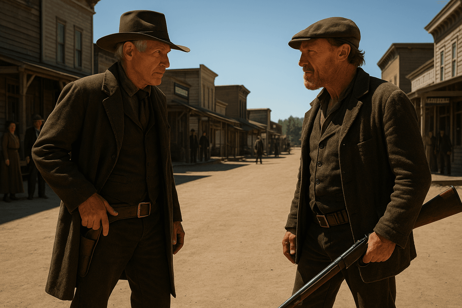 Jacob Dutton (Harrison Ford) confronts Banner Creighton (Jerome Flynn) in a dusty 1923 Montana street showdown – a tense Western face-off between rancher and rival.