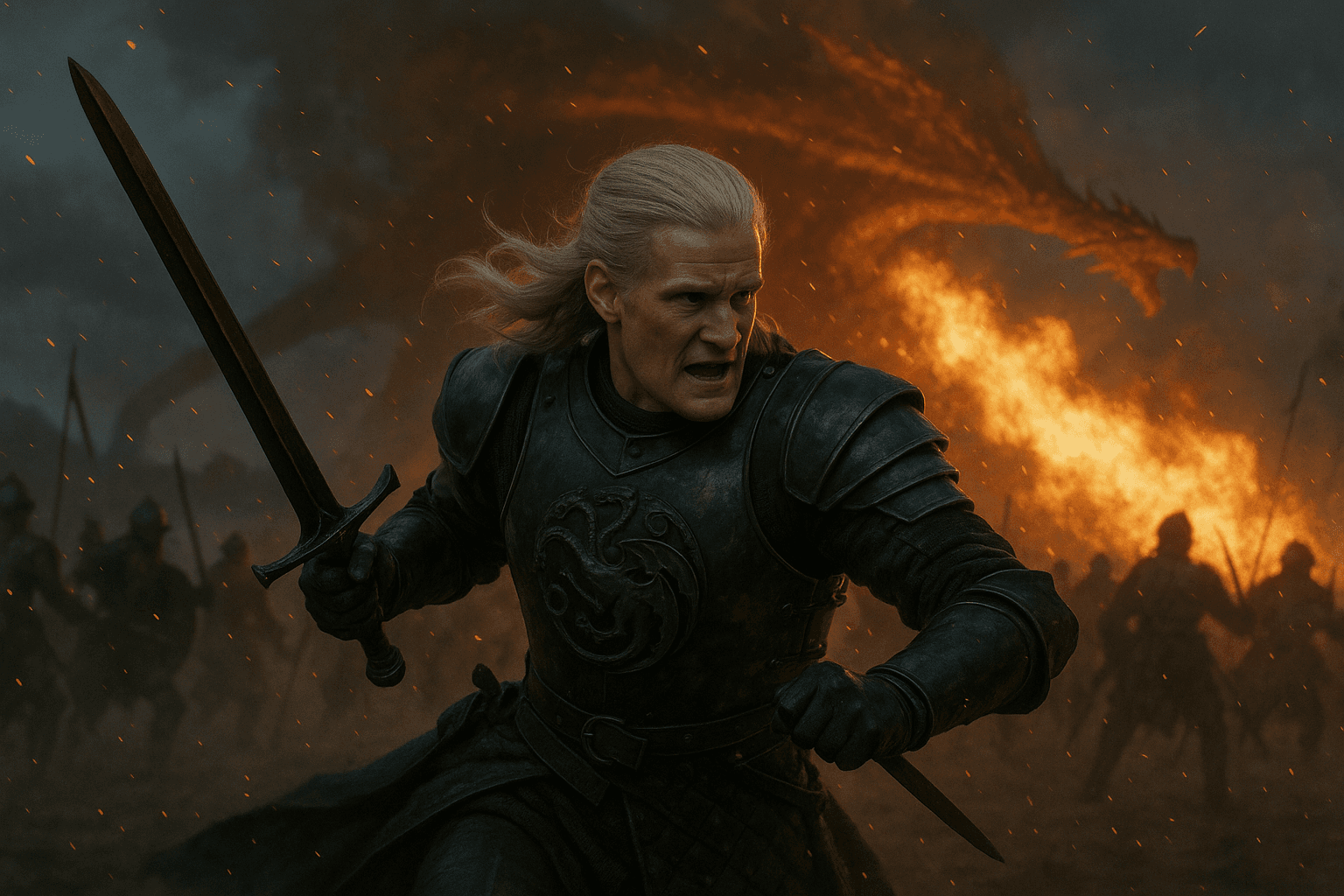 Daemon Targaryen holds a sword in dark armour with fire behind him.